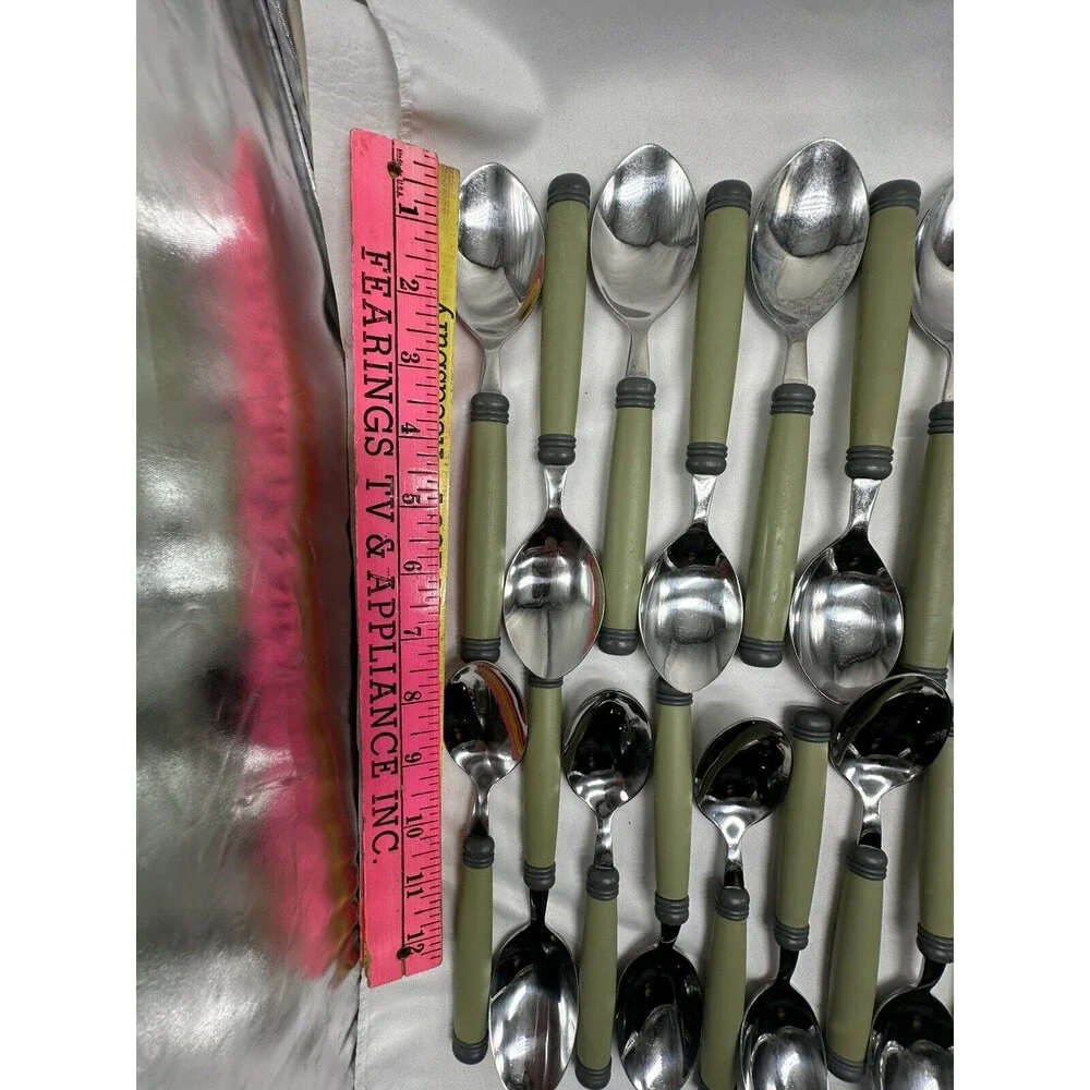 Pfaltzgraff SPHERE Stainless Plastic Charcoal Green Flatware Set Flaws 46 Pieces